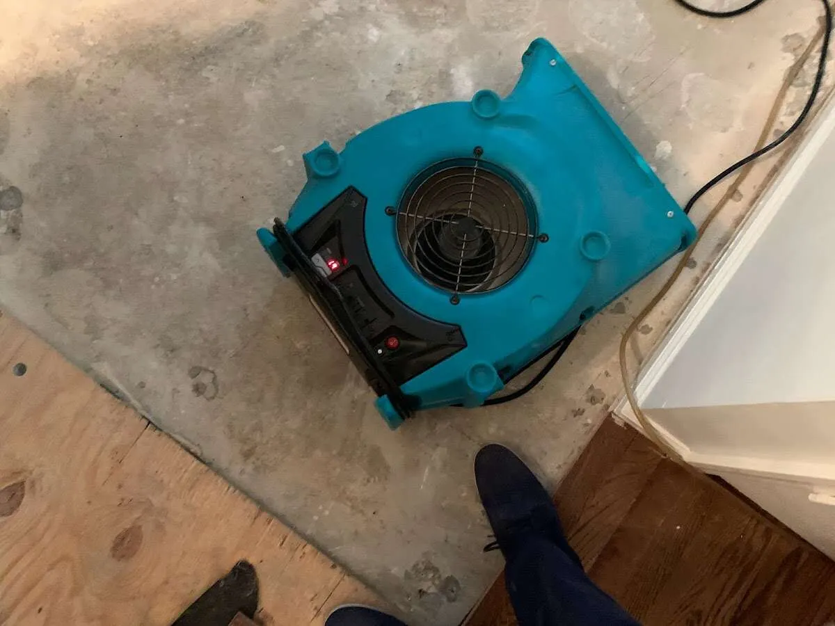 Air mover drying subfloor during Commercial Water Damage Restoration in Perryville